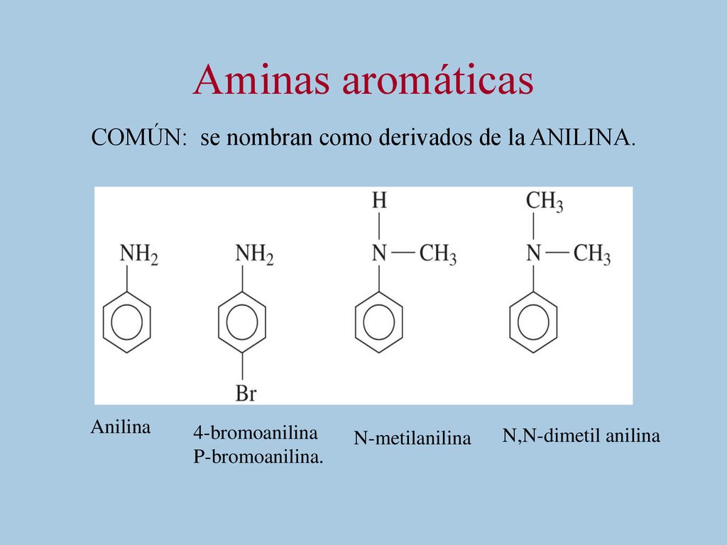Aminas aromáticas COMÚN: se nombran como derivados de la ANILINA.