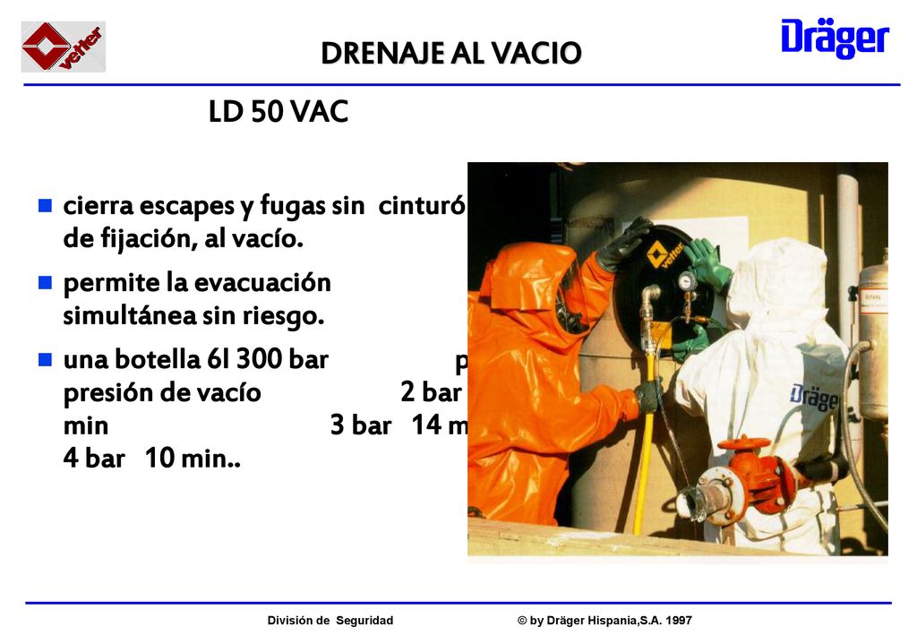 DRENAJE AL VACIO LD 50 VAC. cierra escapes y fugas sin cinturón de fijación, al vacío. permite la evacuación simultánea sin riesgo.