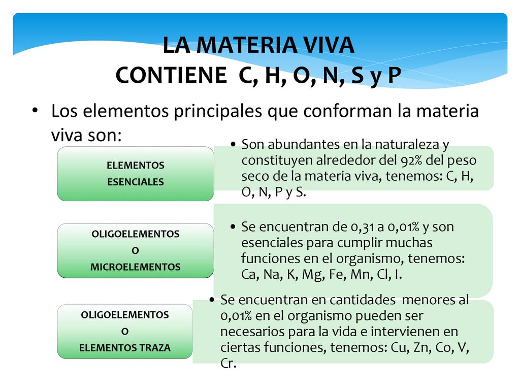 LA MATERIA VIVA CONTIENE C, H, O, N, S y P