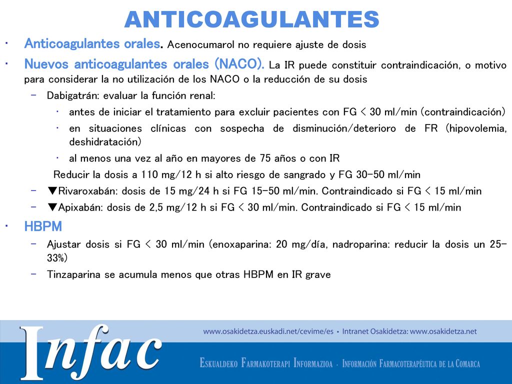ANTICOAGULANTES Anticoagulantes orales. Acenocumarol no requiere ajuste de dosis.