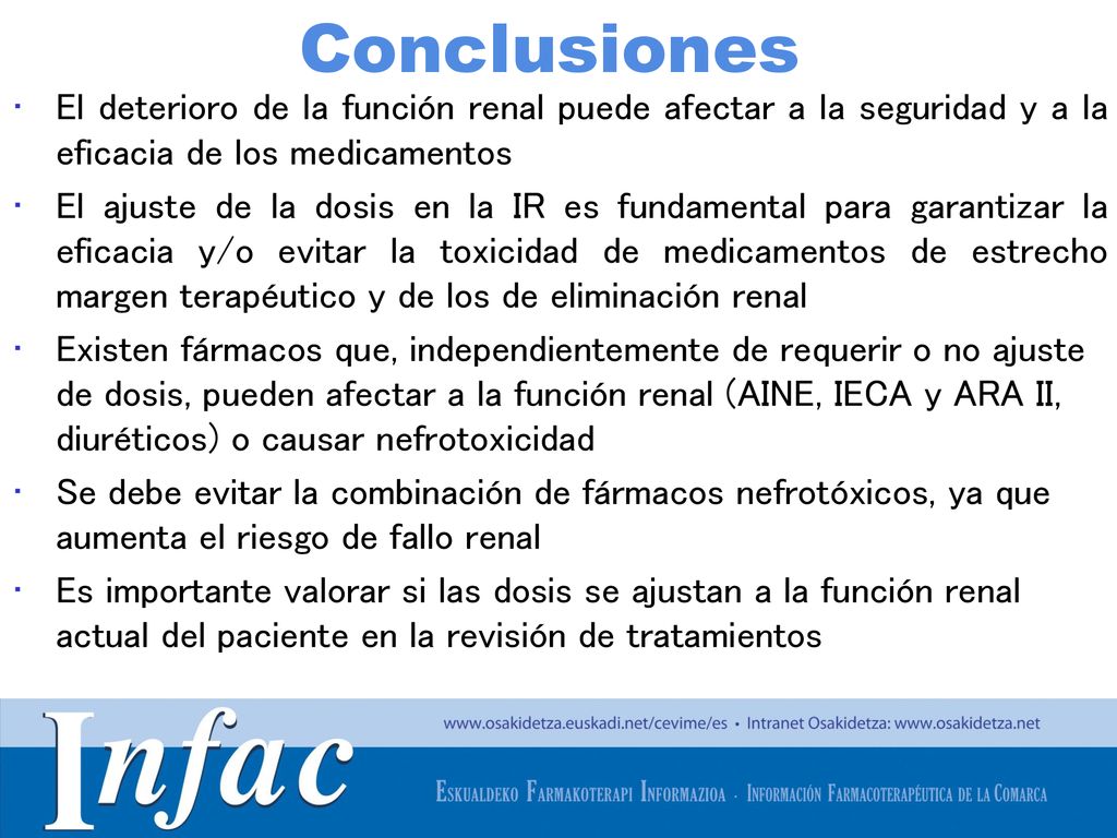Conclusiones El deterioro de la función renal puede afectar a la seguridad y a la eficacia de los medicamentos.