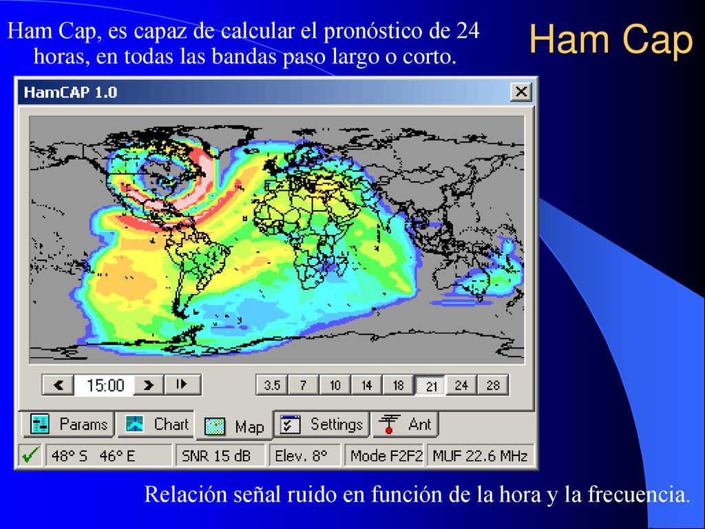 Ham Cap Ham Cap, es capaz de calcular el pronóstico de 24 horas, en todas las bandas paso largo o corto.