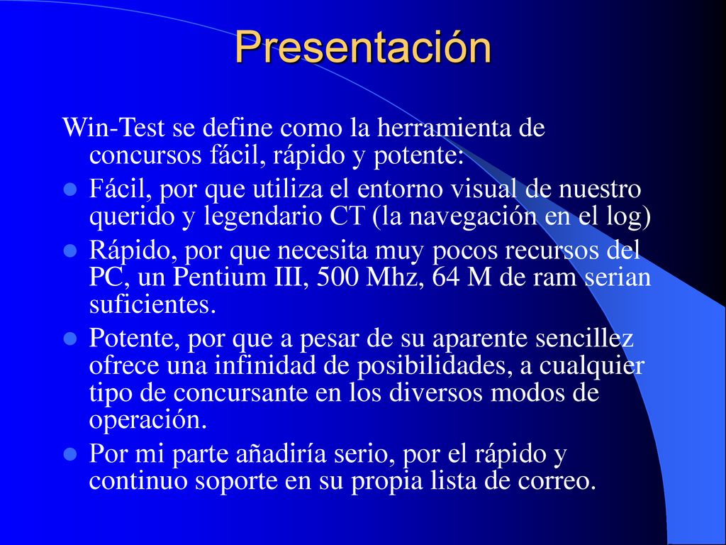 Presentación Win-Test se define como la herramienta de concursos fácil, rápido y potente: