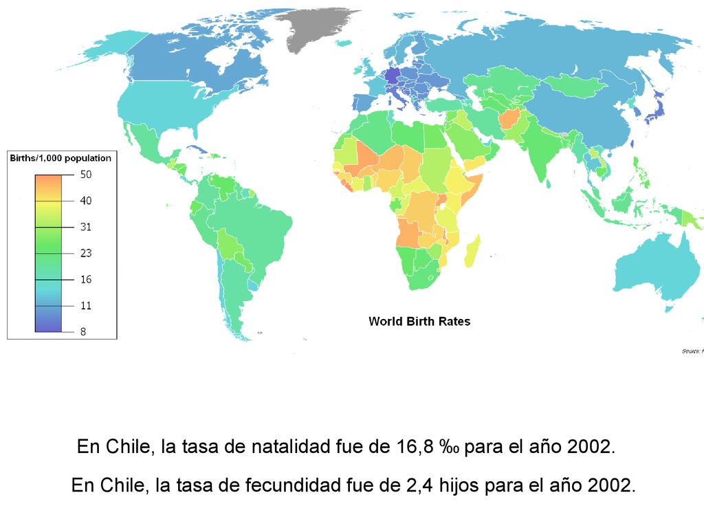 En Chile, la tasa de natalidad fue de 16,8 ‰ para el año 2002.