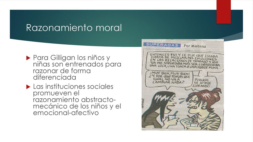 Razonamiento moral Para Gilligan los niños y niñas son entrenados para razonar de forma diferenciada.