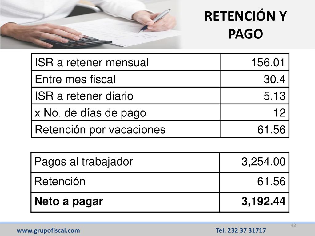 RETENCIÓN Y PAGO ISR a retener mensual Entre mes fiscal 30.4