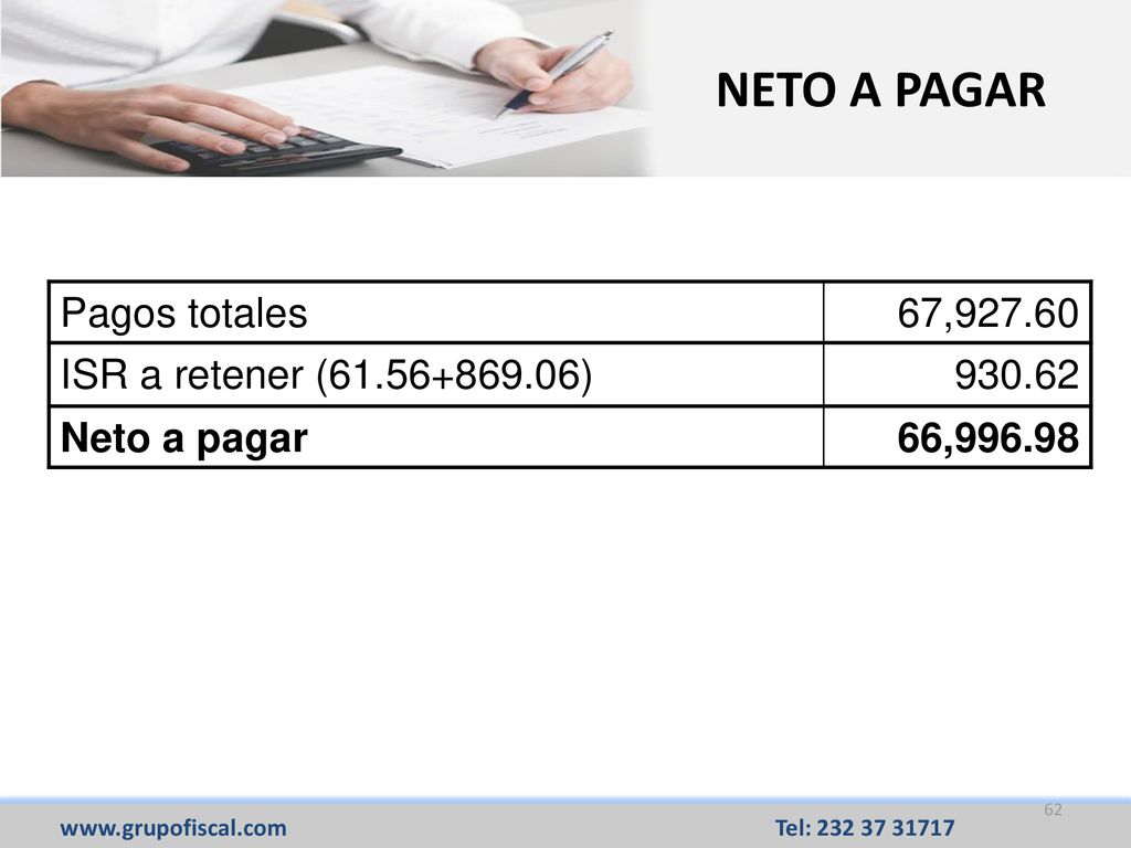 NETO A PAGAR Pagos totales 67, ISR a retener ( )