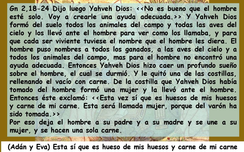 (Adán y Eva) Esta sí que es hueso de mis huesos y carne de mi carne