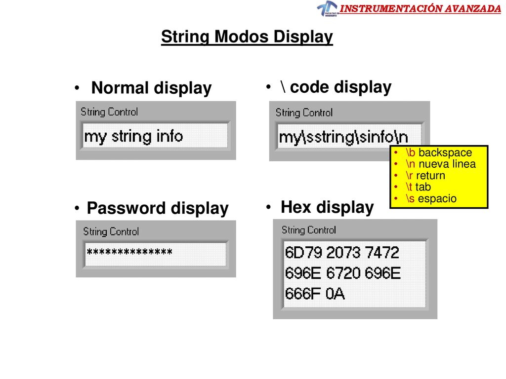 String Modos Display Normal display \ code display Password display