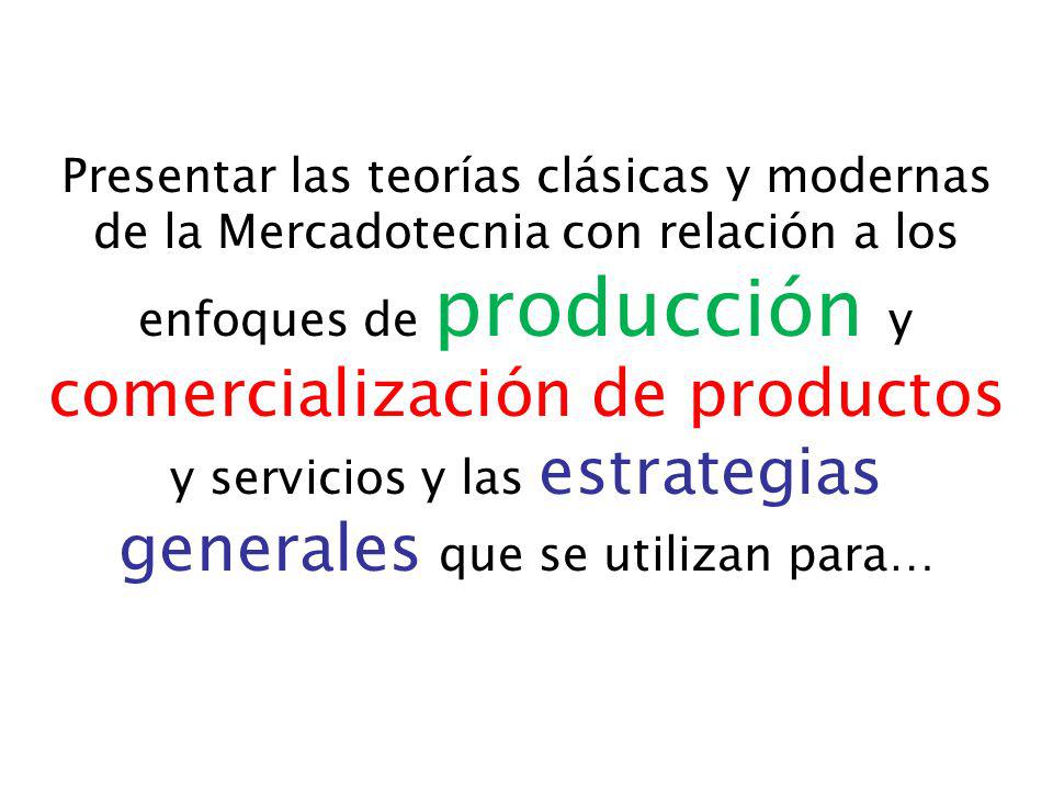 Presentar las teorías clásicas y modernas de la Mercadotecnia con relación a los enfoques de producción y comercialización de productos y servicios y las estrategias generales que se utilizan para…