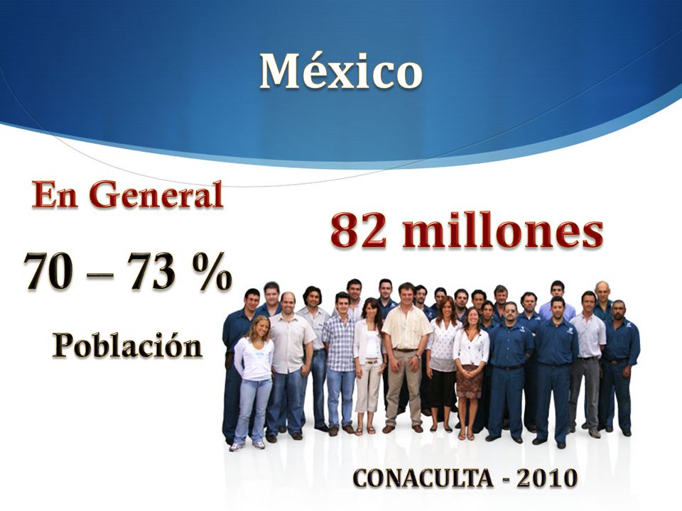 México En General 70 – 73 % Población 82 millones CONACULTA