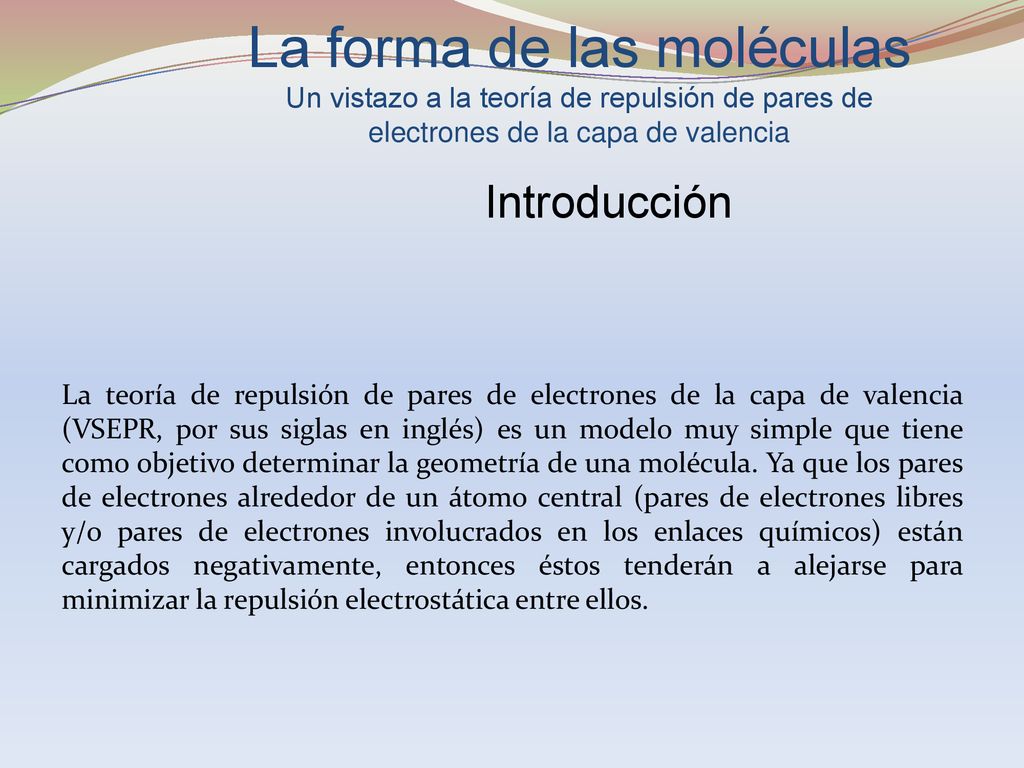 La forma de las moléculas Un vistazo a la teoría de repulsión de pares de electrones de la capa de valencia