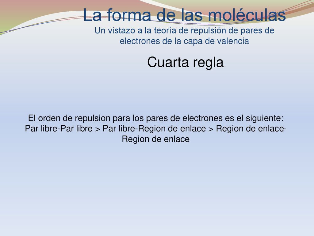 El orden de repulsion para los pares de electrones es el siguiente:
