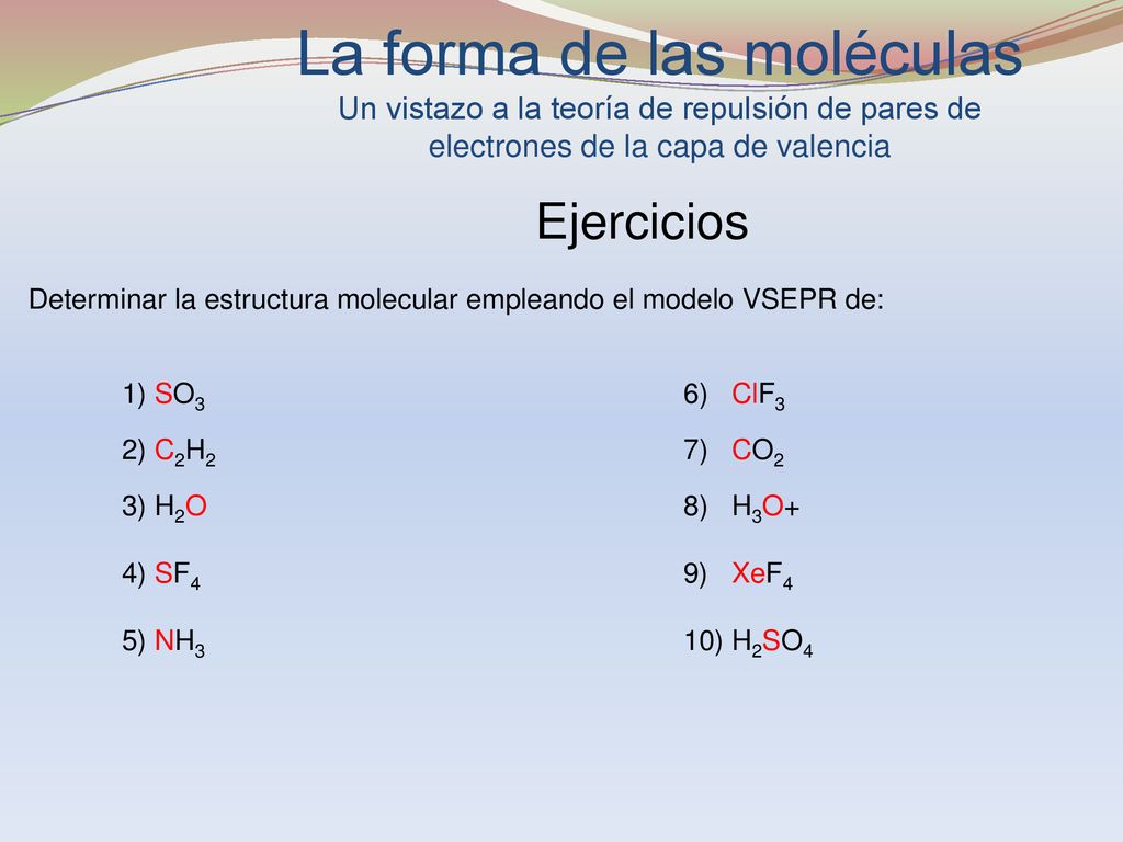 La forma de las moléculas Un vistazo a la teoría de repulsión de pares de electrones de la capa de valencia