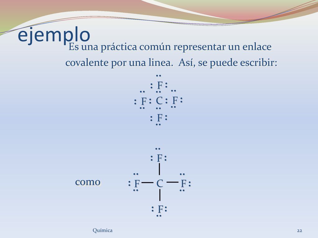 ejemplo Es una práctica común representar un enlace covalente por una linea. Así, se puede escribir: