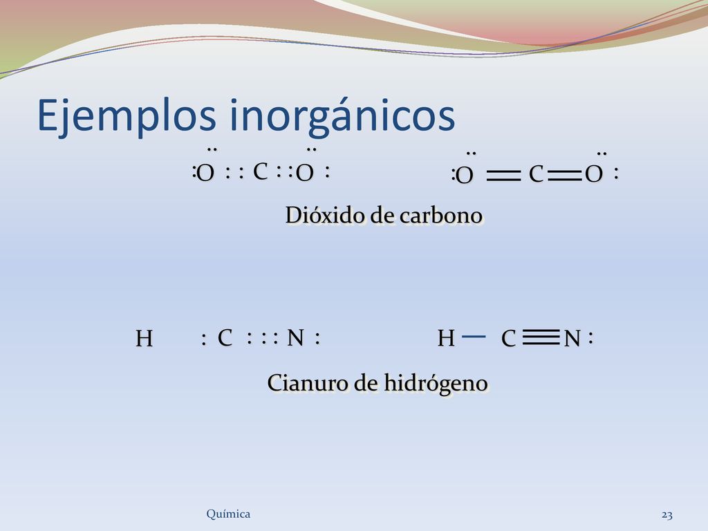 Ejemplos inorgánicos C : O .. C : O .. Dióxido de carbono : N C H : N