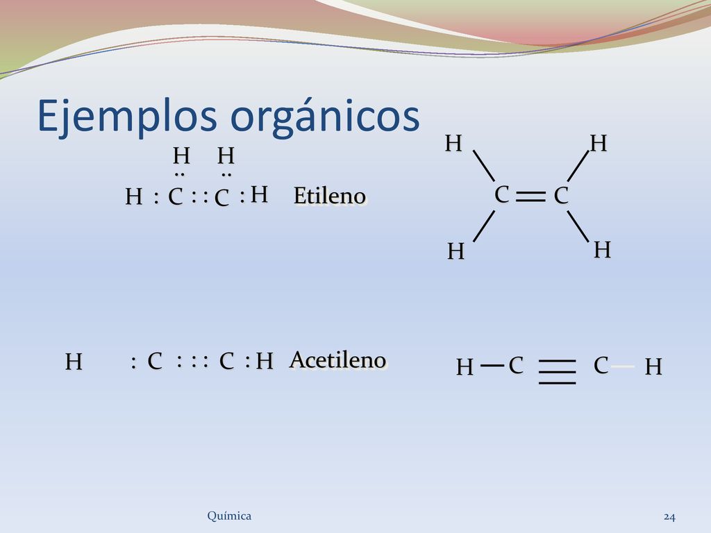 Ejemplos orgánicos C H C : .. H Etileno : C H Acetileno C H Química