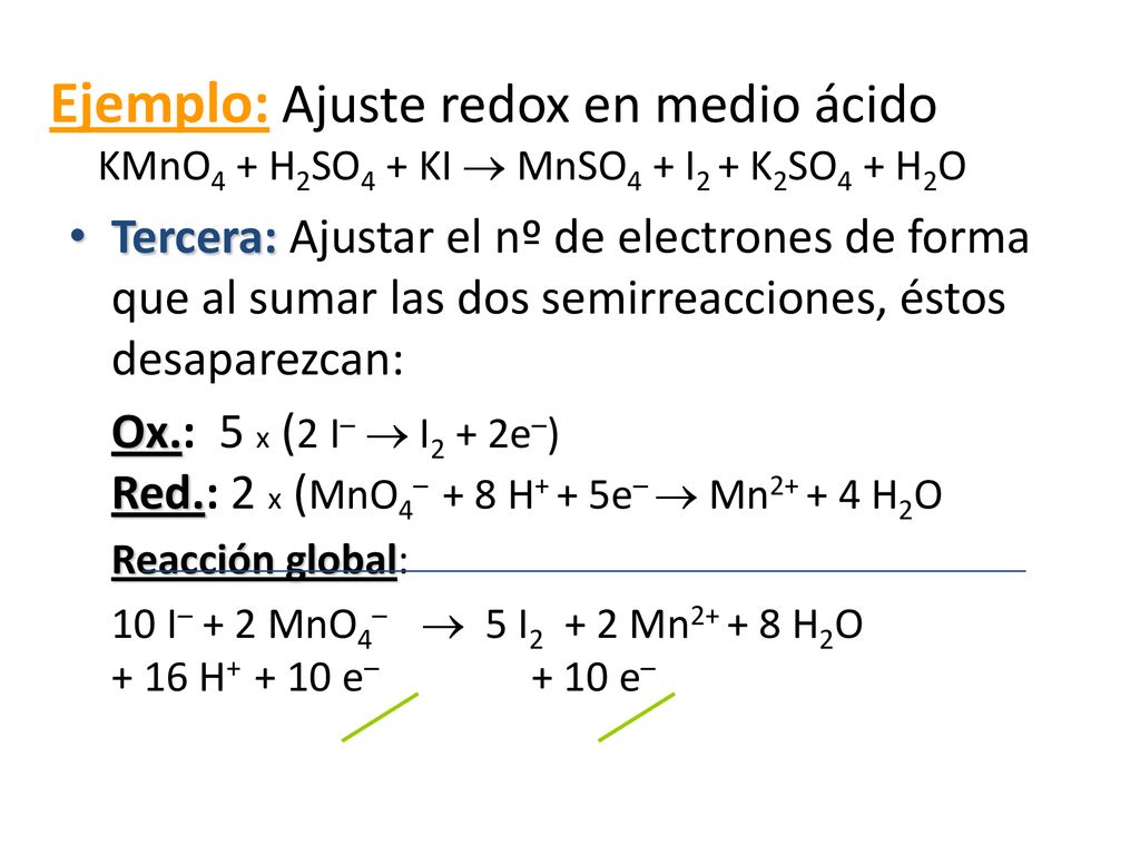 Ejemplo: Ajuste redox en medio ácido KMnO4 + H2SO4 + KI  MnSO4 + I2 + K2SO4 + H2O