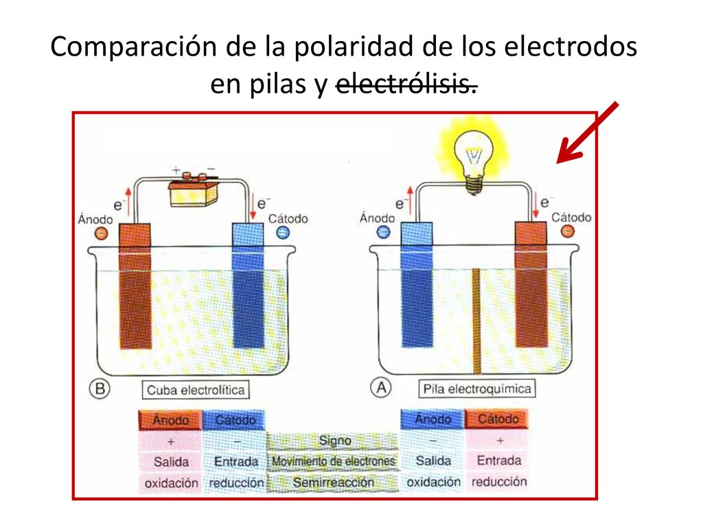 Comparación de la polaridad de los electrodos en pilas y electrólisis.