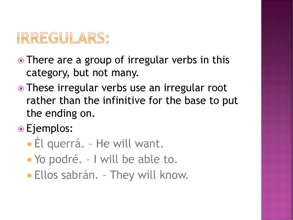 Irregulars: Él querrá. – He will want. Yo podré. – I will be able to.