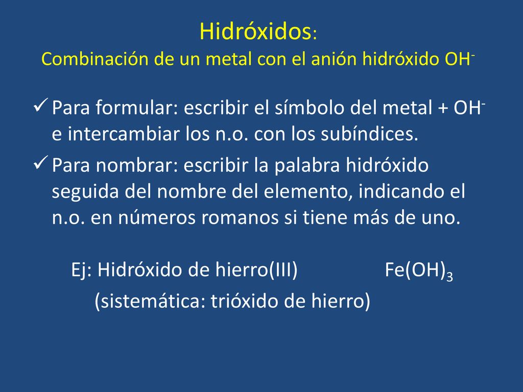 Hidróxidos: Combinación de un metal con el anión hidróxido OH-