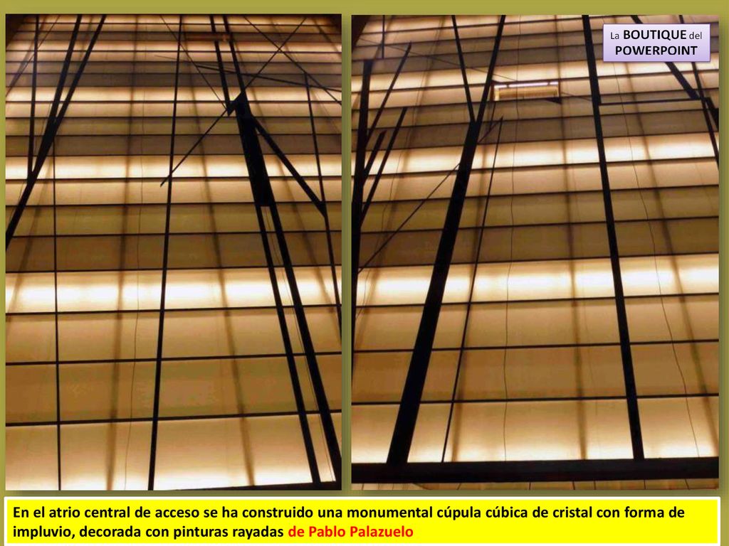 En el atrio central de acceso se ha construido una monumental cúpula cúbica de cristal con forma de impluvio, decorada con pinturas rayadas de Pablo Palazuelo