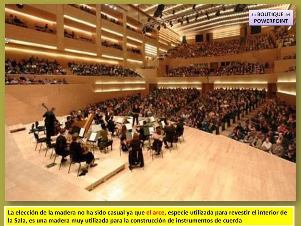 La elección de la madera no ha sido casual ya que el arce, especie utilizada para revestir el interior de la Sala, es una madera muy utilizada para la construcción de instrumentos de cuerda