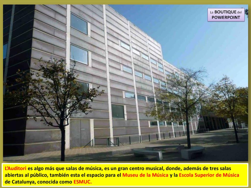 L’Auditori es algo más que salas de música, es un gran centro musical, donde, además de tres salas abiertas al público, también esta el espacio para el Museu de la Música y la Escola Superior de Música de Catalunya, conocida como ESMUC.