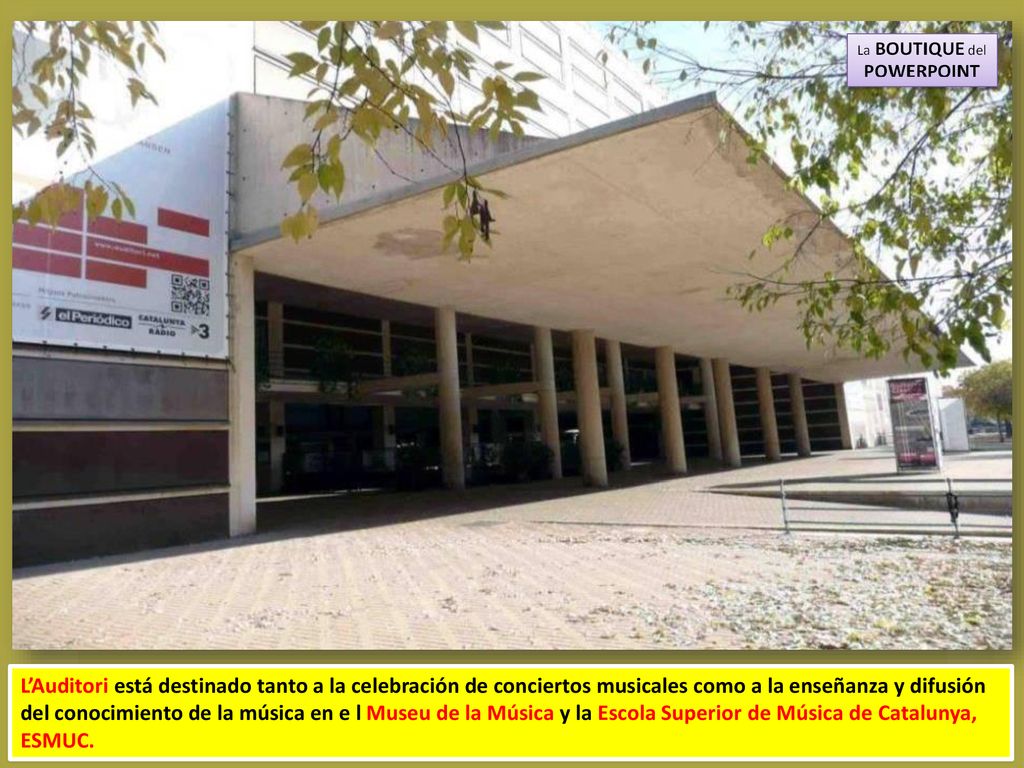 L’Auditori está destinado tanto a la celebración de conciertos musicales como a la enseñanza y difusión del conocimiento de la música en e l Museu de la Música y la Escola Superior de Música de Catalunya, ESMUC.