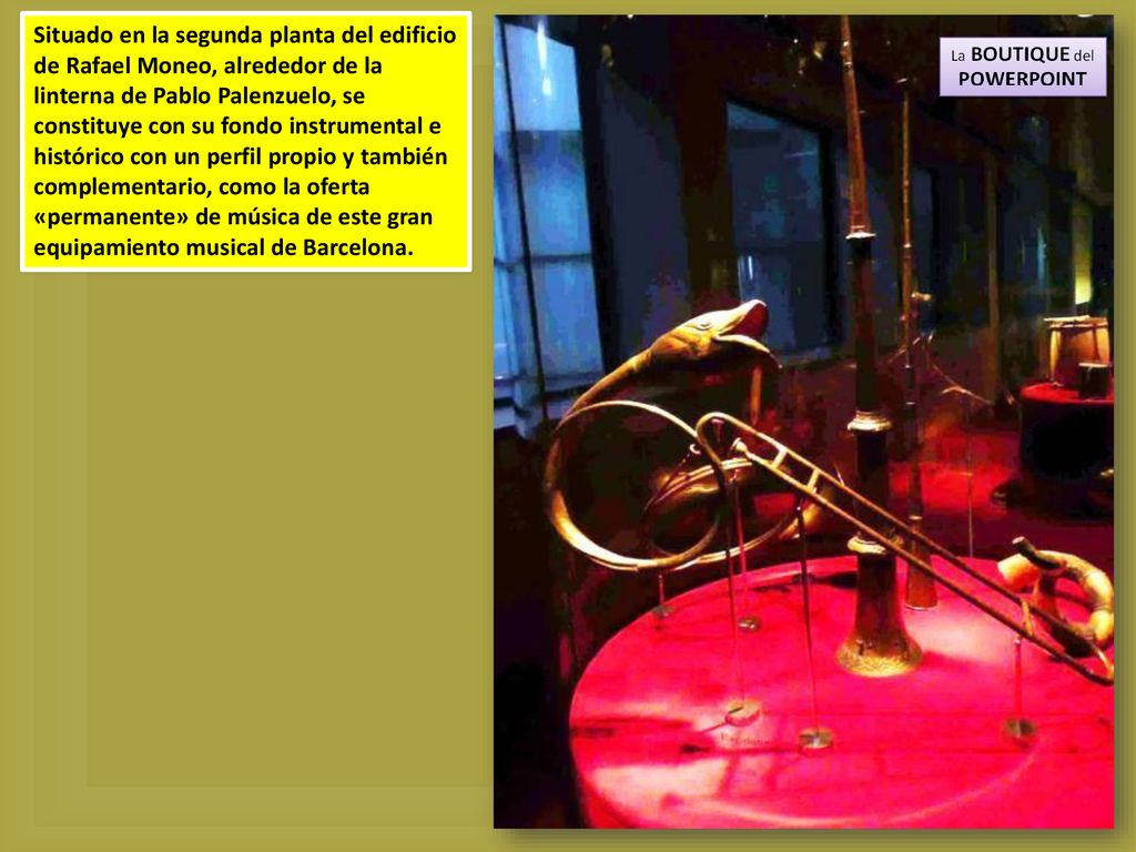 Situado en la segunda planta del edificio de Rafael Moneo, alrededor de la linterna de Pablo Palenzuelo, se constituye con su fondo instrumental e histórico con un perfil propio y también complementario, como la oferta «permanente» de música de este gran equipamiento musical de Barcelona.