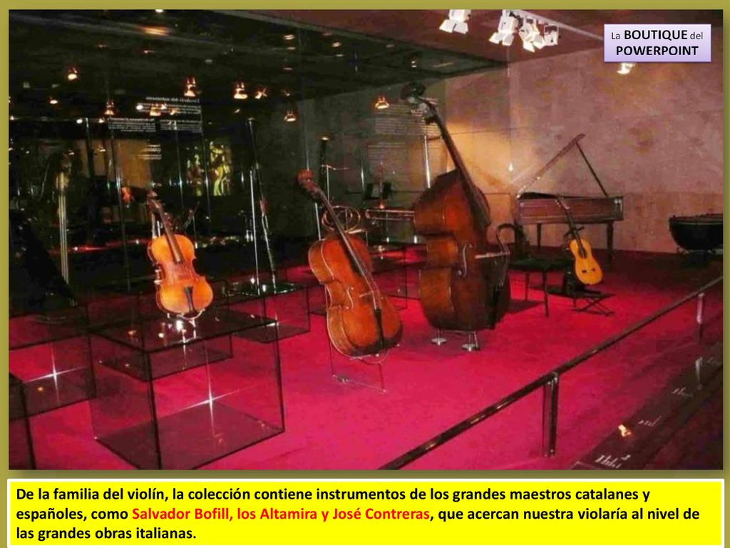 De la familia del violín, la colección contiene instrumentos de los grandes maestros catalanes y españoles, como Salvador Bofill, los Altamira y José Contreras, que acercan nuestra violaría al nivel de las grandes obras italianas.