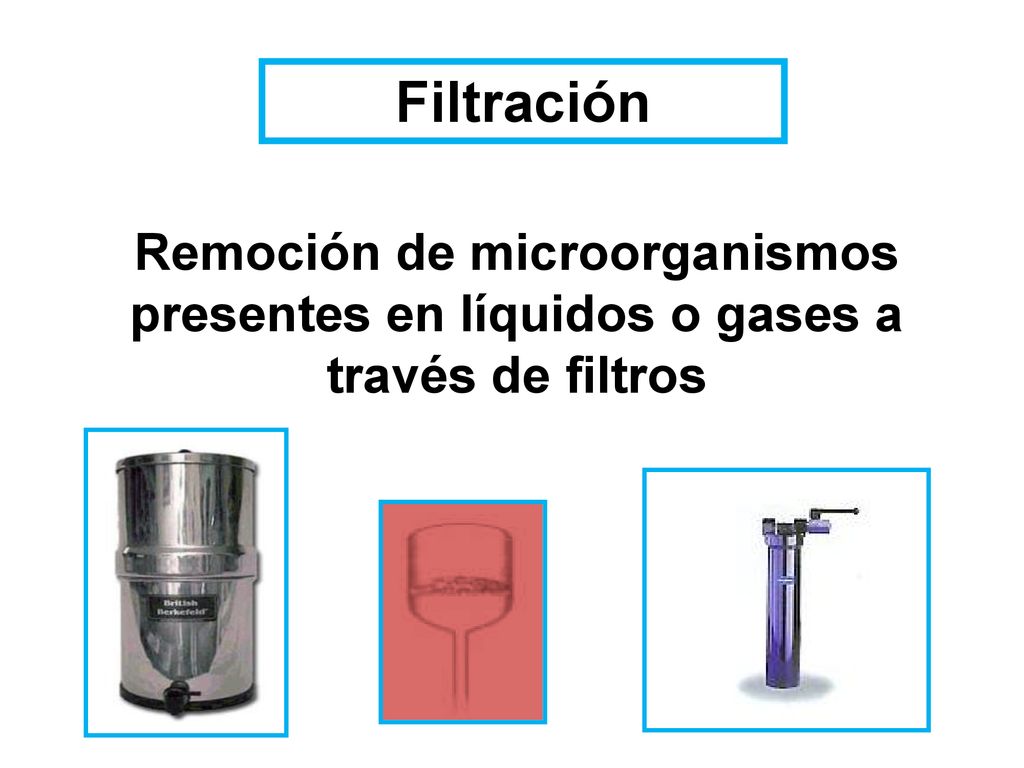 Filtración Remoción de microorganismos presentes en líquidos o gases a través de filtros