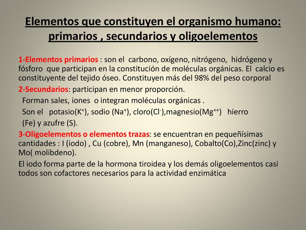 Elementos que constituyen el organismo humano: primarios , secundarios y oligoelementos