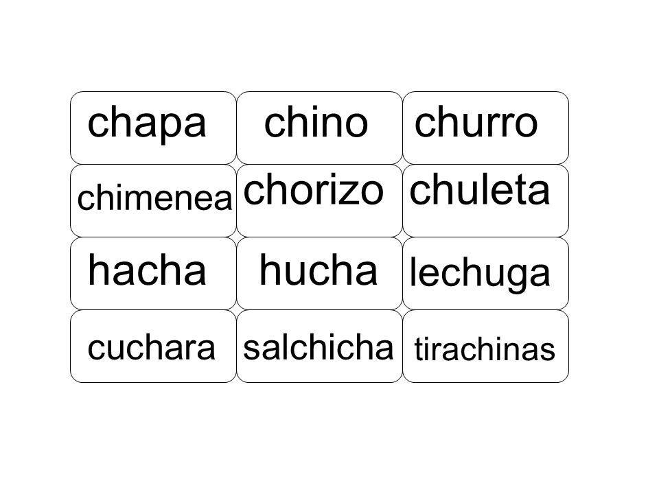 chapa chino churro chorizo chuleta hacha hucha lechuga chimenea