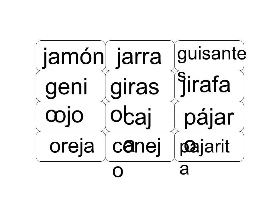 jamón jarra jirafa genio girasol ojo caja pájaro oreja conejo