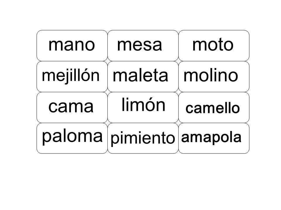 mano mesa moto maleta molino cama limón paloma mejillón pimiento