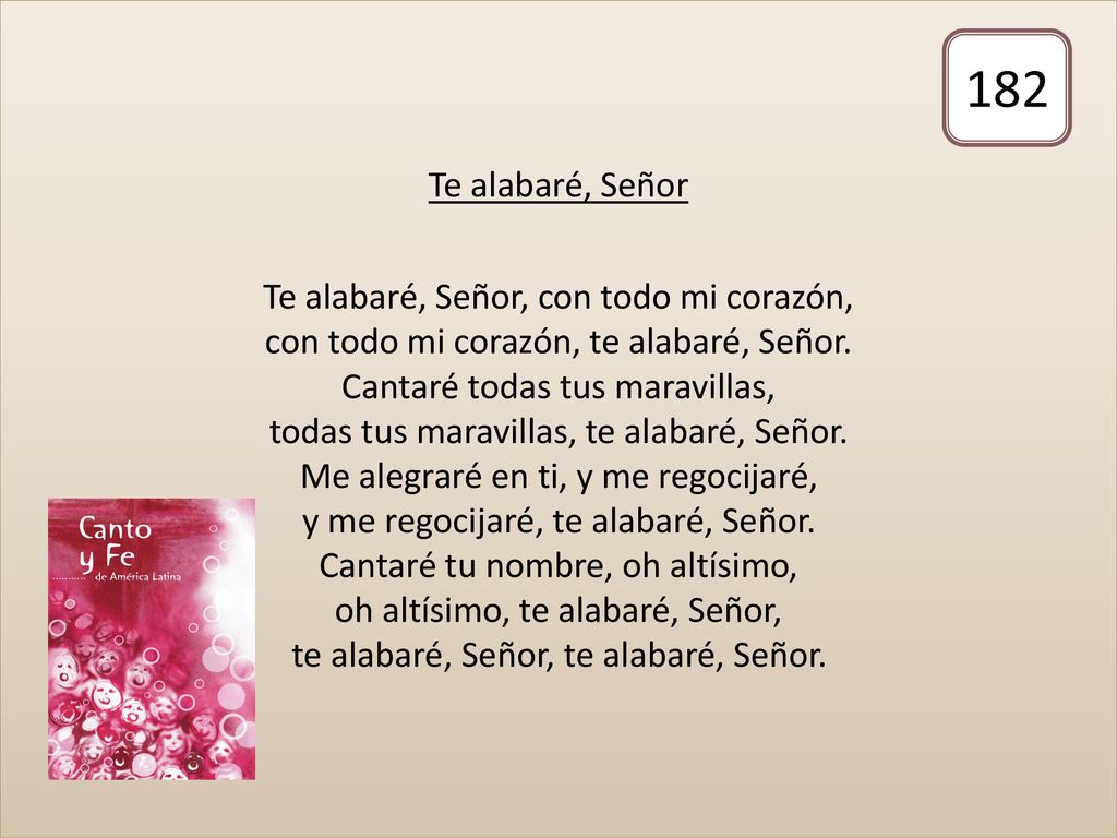 Te alabaré, Señor Te alabaré, Señor, con todo mi corazón, con todo mi corazón, te alabaré, Señor. Cantaré todas tus maravillas, todas tus maravillas, te alabaré, Señor. Me alegraré en ti, y me regocijaré, y me regocijaré, te alabaré, Señor. Cantaré tu nombre, oh altísimo, oh altísimo, te alabaré, Señor, te alabaré, Señor, te alabaré, Señor.