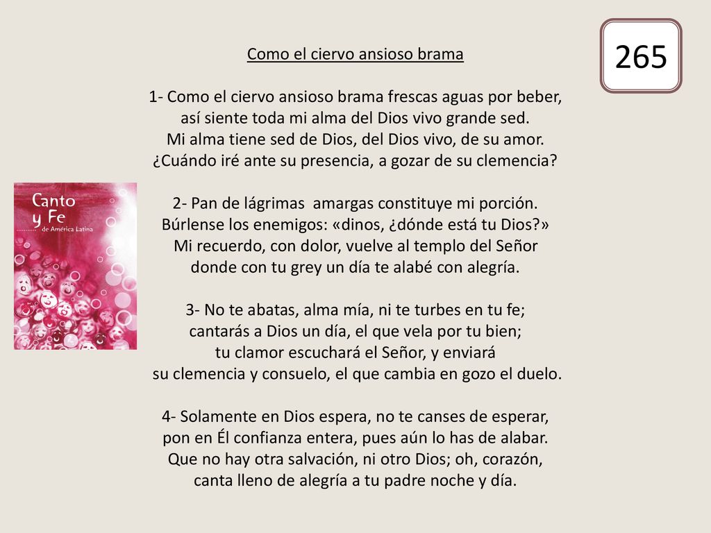 Como el ciervo ansioso brama 1- Como el ciervo ansioso brama frescas aguas por beber, así siente toda mi alma del Dios vivo grande sed. Mi alma tiene sed de Dios, del Dios vivo, de su amor. ¿Cuándo iré ante su presencia, a gozar de su clemencia 2- Pan de lágrimas amargas constituye mi porción. Búrlense los enemigos: «dinos, ¿dónde está tu Dios » Mi recuerdo, con dolor, vuelve al templo del Señor donde con tu grey un día te alabé con alegría. 3- No te abatas, alma mía, ni te turbes en tu fe; cantarás a Dios un día, el que vela por tu bien; tu clamor escuchará el Señor, y enviará su clemencia y consuelo, el que cambia en gozo el duelo. 4- Solamente en Dios espera, no te canses de esperar, pon en Él confianza entera, pues aún lo has de alabar. Que no hay otra salvación, ni otro Dios; oh, corazón, canta lleno de alegría a tu padre noche y día.