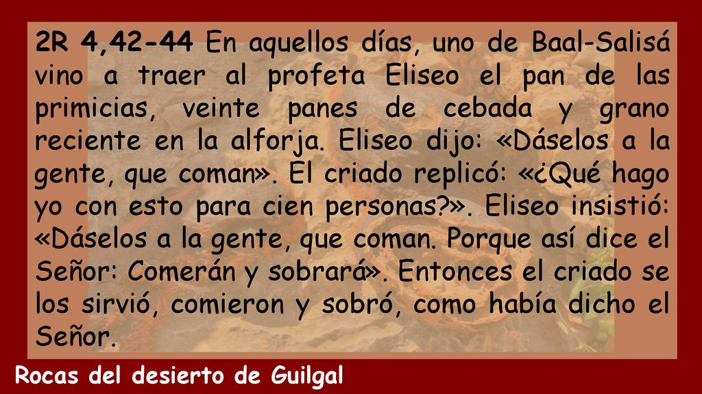 2R 4,42-44 En aquellos días, uno de Baal-Salisá vino a traer al profeta Eliseo el pan de las primicias, veinte panes de cebada y grano reciente en la alforja. Eliseo dijo: «Dáselos a la gente, que coman». El criado replicó: «¿Qué hago yo con esto para cien personas ». Eliseo insistió: «Dáselos a la gente, que coman. Porque así dice el Señor: Comerán y sobrará». Entonces el criado se los sirvió, comieron y sobró, como había dicho el Señor.