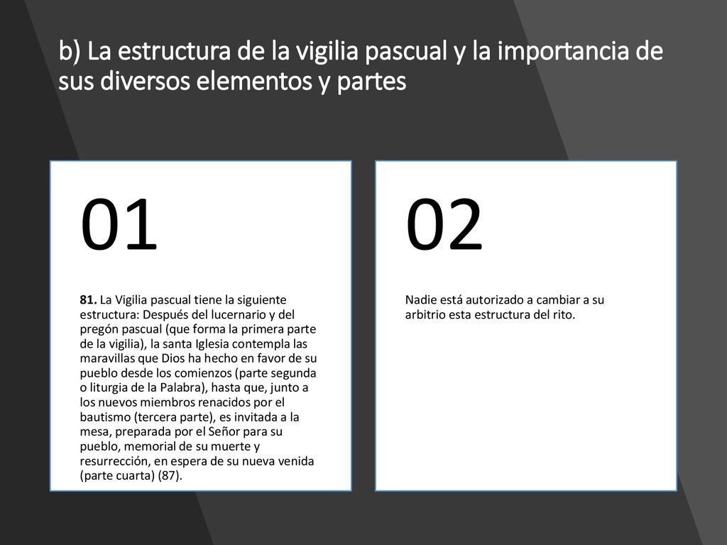 b) La estructura de la vigilia pascual y la importancia de sus diversos elementos y partes