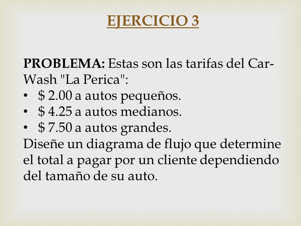 EJERCICIO 3 PROBLEMA: Estas son las tarifas del Car-Wash La Perica :
