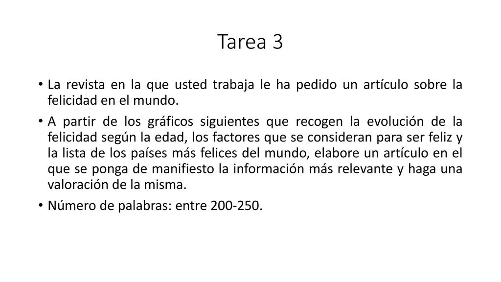 Tarea 3 La revista en la que usted trabaja le ha pedido un artículo sobre la felicidad en el mundo.