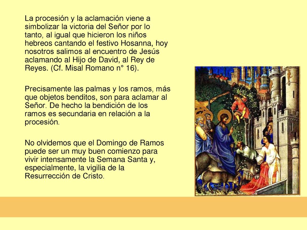 La procesión y la aclamación viene a simbolizar la victoria del Señor por lo tanto, al igual que hicieron los niños hebreos cantando el festivo Hosanna, hoy nosotros salimos al encuentro de Jesús aclamando al Hijo de David, al Rey de Reyes. (Cf. Misal Romano n° 16).
