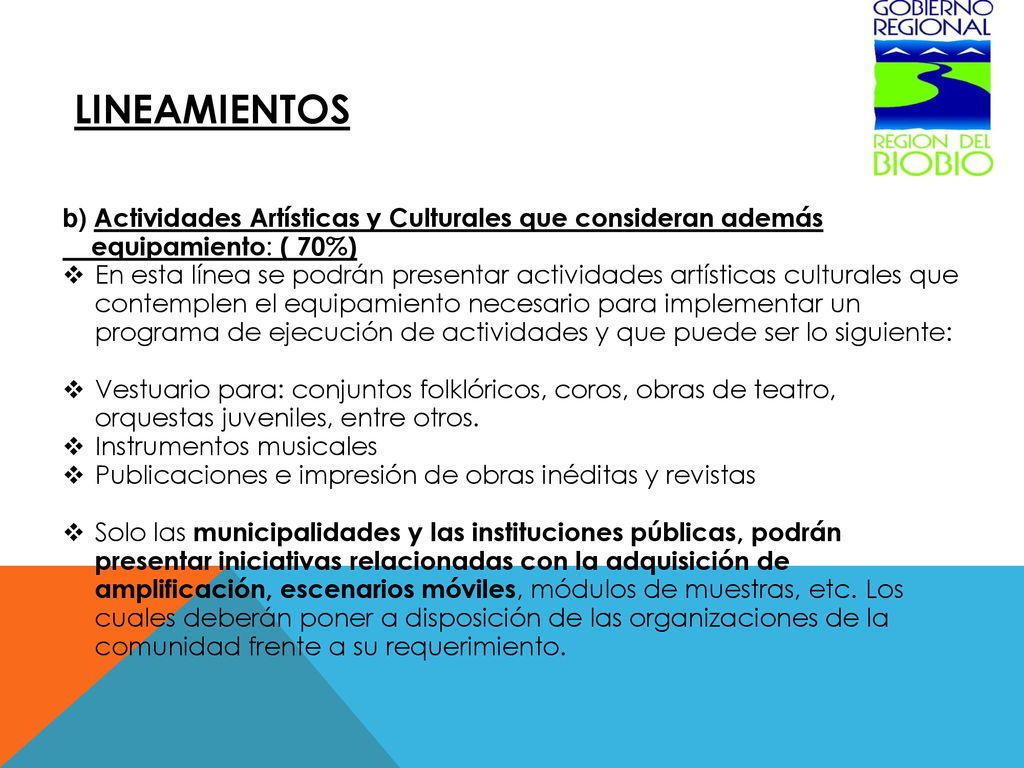 LINEAMIENTOS b) Actividades Artísticas y Culturales que consideran además. equipamiento: ( 70%)