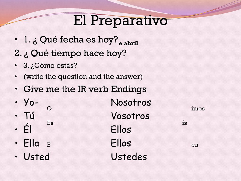 El Preparativo 1. ¿ Qué fecha es hoy 2. ¿ Qué tiempo hace hoy