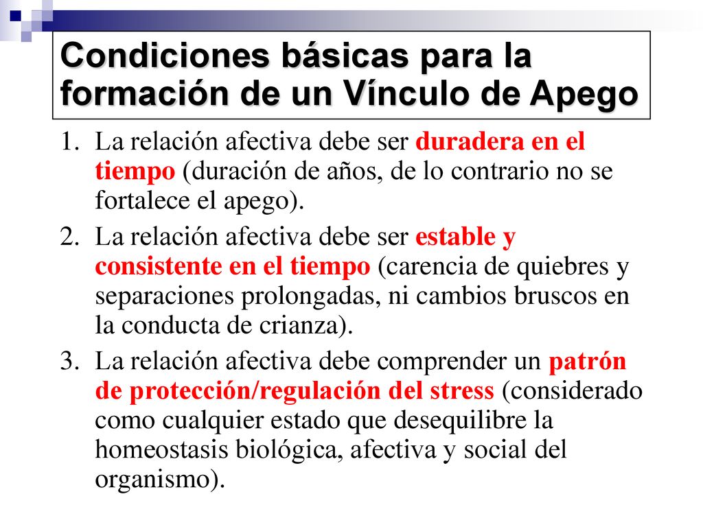 Condiciones básicas para la formación de un Vínculo de Apego