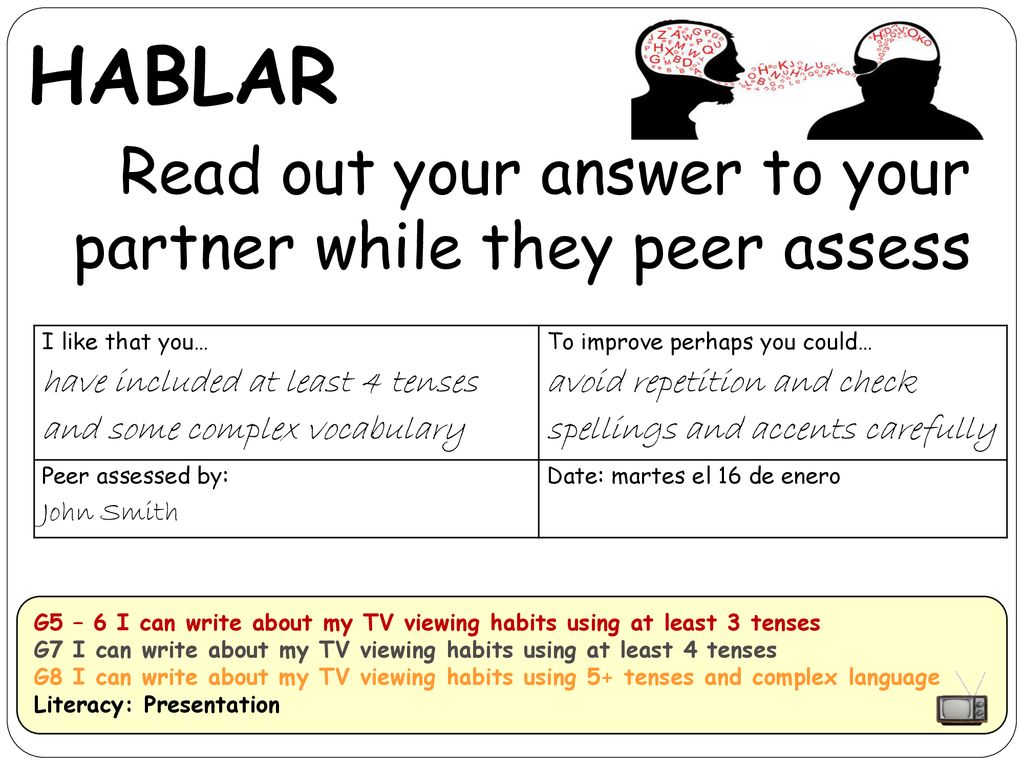 HABLAR Read out your answer to your partner while they peer assess