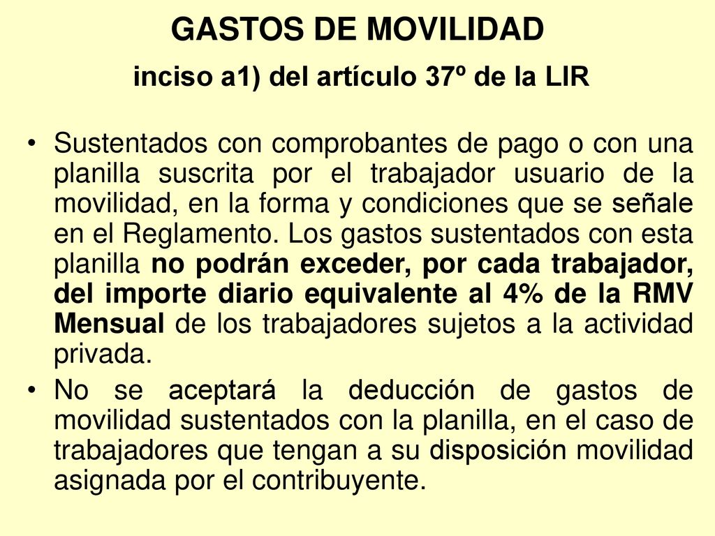 GASTOS DE MOVILIDAD inciso a1) del artículo 37º de la LIR