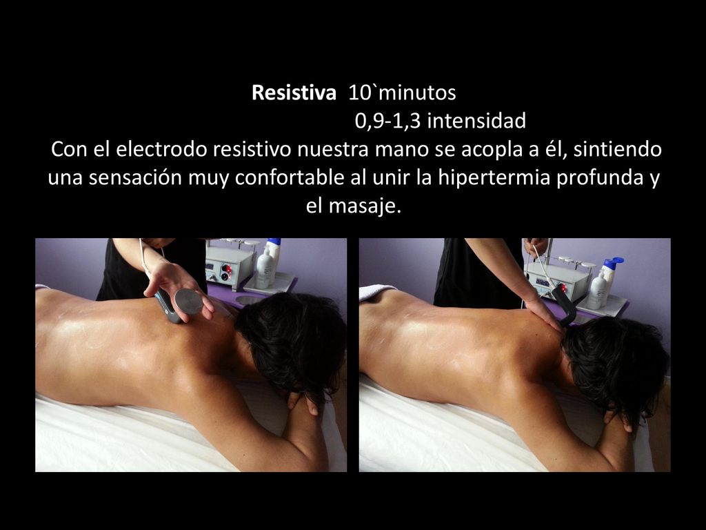Resistiva 10`minutos 0,9-1,3 intensidad Con el electrodo resistivo nuestra mano se acopla a él, sintiendo una sensación muy confortable al unir la hipertermia profunda y el masaje.