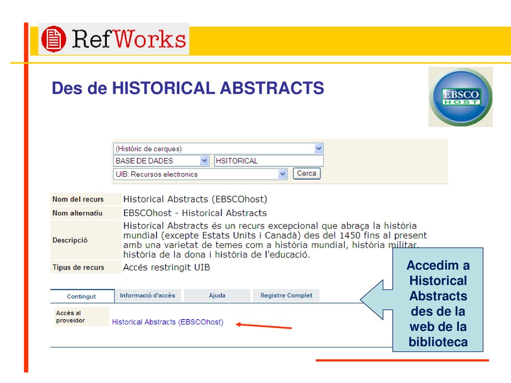 Accedim a Historical Abstracts des de la web de la biblioteca